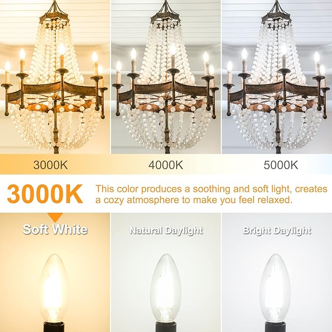 Cotanic E12 Base 3000K LED Light Bulbs Dimmable, Soft White Candelabra LED Bulbs 60W Equivalent, Candle Shape Type B Light Bulbs for Chandelier, Decorative LED Filament Clear Glass, 600LM, 6 Pack