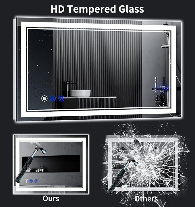 42"x24" LED Bathroom Mirror with Anti-Fog, Stepless Dimmable Lights, 3 Color Modes, Shatter-Proof Tempered Glass, Memory Function & Waterproof Design