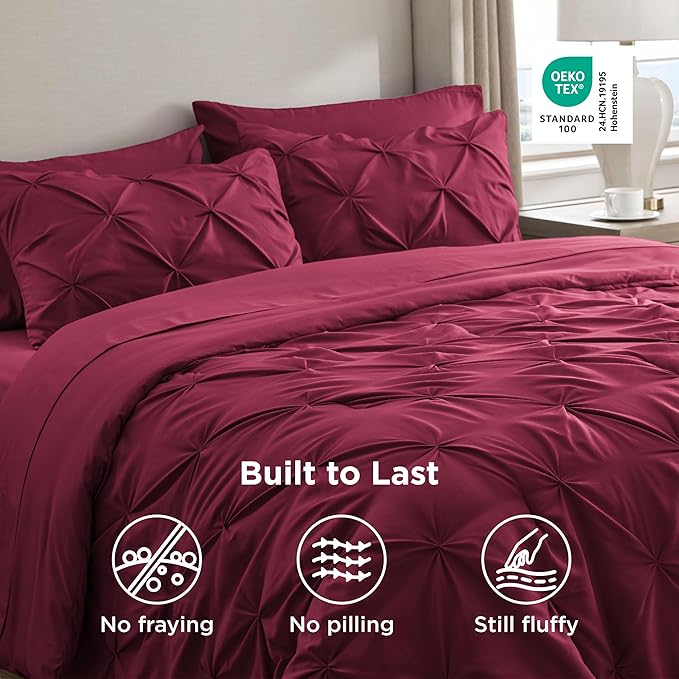 Bedsure King Size Comforter Set Dark Red - Bed in a Bag Bedding Set 7 Pieces, GentleSoft™ Pintuck Bed Set Gift for Family, Pinch Pleat Dark Red Comforter with Sheets, Pillowcases & Shams