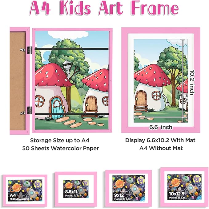 KINLINK A4 Kids Art Frames Set of 2, Solid Wood Kids Artwork Frames Changeable with Acrylic Front Opening Holds 150 Pictures, Art Frame for Kids Artwork with Mat or without Mat, Pink