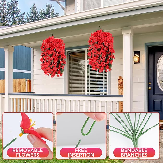 Artificial Bougainvillea Flowers for Outdoor Plant,4 pcs Faux Hanging Flowers Bougainvillea for Outside Decoration,Fake Silk UV Resistant Vines for Front Door Porch(Red)
