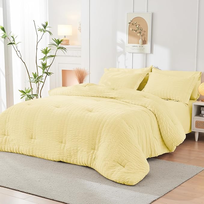 HYMOKEGE Yellow Twin XL Comforter Set Seersucker 5 Pieces, All Season Luxury Bed in a Bag for Bedroom, Bedding Set with Comforter, Sheets, Pillowcase & Sham