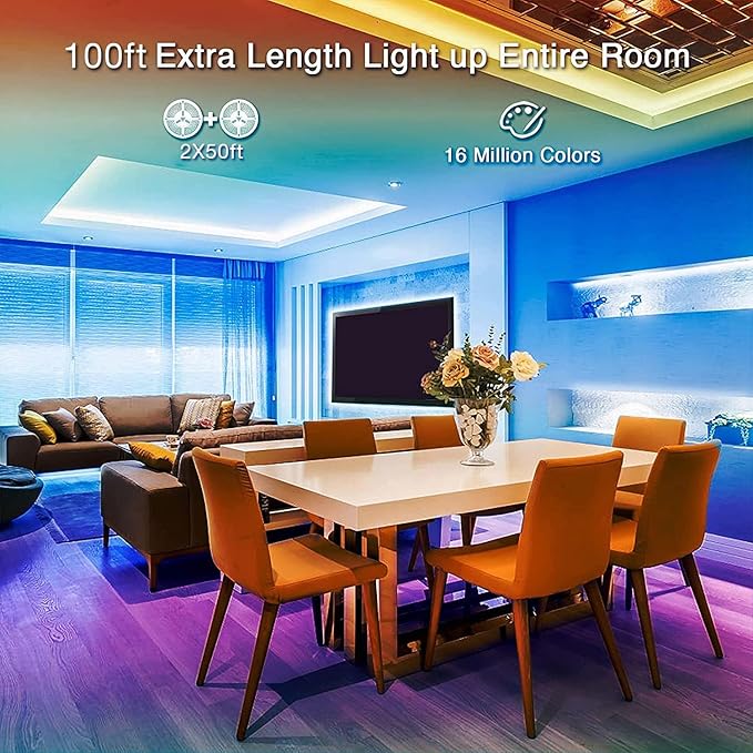 hyrion 100 ft Bluetooth LED Strip Lights,Music Sync Color Changing Lights Strip,5050 RGB Tape Lighting with Remote,Smart Phone App Control for Bedroom,Bar,Room DIY (APP+Remote)