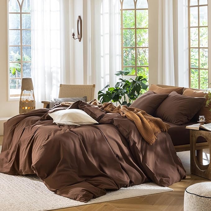 MooMee Bedding Duvet Cover Set 100% Washed Cotton Linen Like Textured Breathable Durable Soft Comfy (Solid Cocoa Brown, King 104"x90")