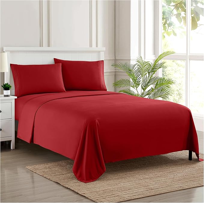 RV Queen Bed Sheets - Breathable Luxury Sheets with Full Elastic & Secure Corner Straps Built In - 1800 Supreme Collection Extra Soft Deep Pocket Bedding Set, Sheet Set, RV Short Queen, Red