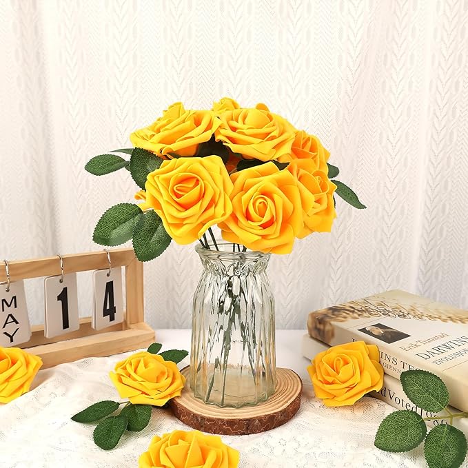 MACTING Artificial Yellow Rose Flowers 30PCS Real Touch Foam Roses with Stem Fake Flowers for DIY Table Centerpieces Bouquets Wedding Party Holiday Home Spring Mothers Day Decorations