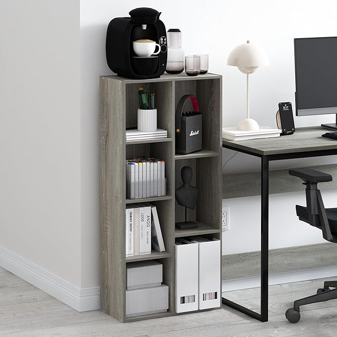 Furinno LUDER Book Shelf, 7-Cube Bookshelf, Bookcase, 9.4" x 19.5" x 41.7", for Living Room, Bedroom, Home Office, French Oak