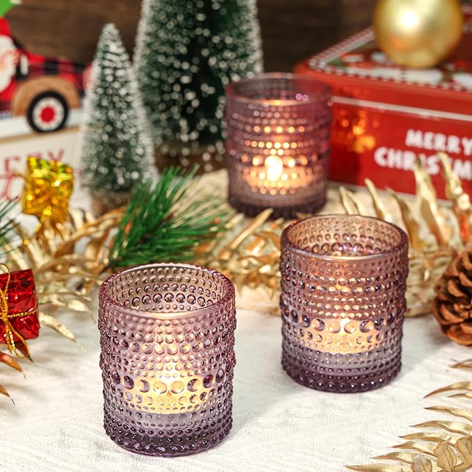 24 Pcs Votive Candle Holders, Purple Glass Holders Bulk for Table Centerpiece, Tea Lights Candle Holders for Wedding Shower, Party and Home Decor