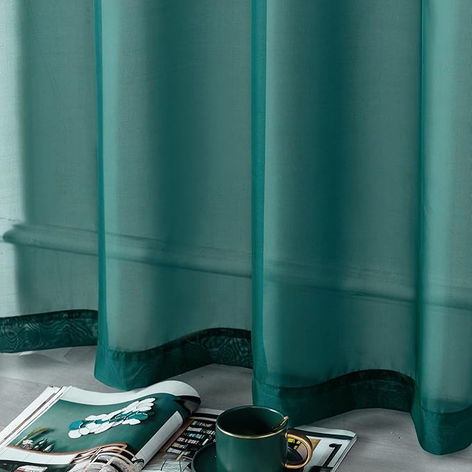 DUALIFE Hunter Green Sheer Curtains 54 Inch Length,Look Semi Sheer Curtain Drapes for Living Room Bedroom Loft Kitchen Bathroom Privacy Voile Window Treatment Panels,52 x 45 Inches,Set of 2