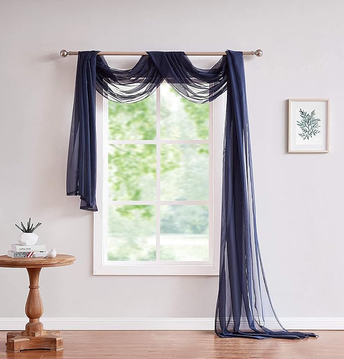LinenZone Navy Window Scarf Valance in 144 Inch Size. Use Window Scarves as Canopy Bed or Backdrop Curtains, Curtain Scarf, or Sheer Fabric for Draping. (Amazing 55 x 144, Navy)