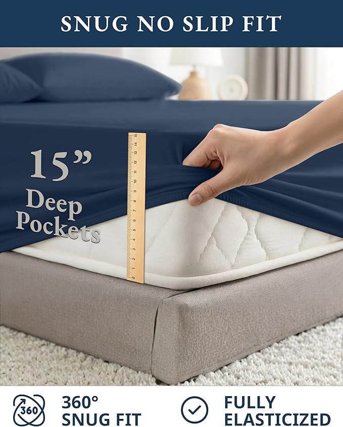 LANE LINEN Eco Friendly 100% Organic Cotton Bed Sheets Queen Size, Soft & Comfy Percale Weave, Fully Elasticized Mercerized Naturally Cooling Cotton Sheets Queen Size Set- Navy