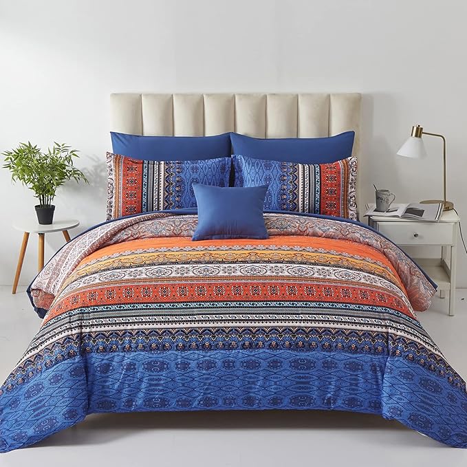 Cottolester Boho Comforter Set King Size 8 Piece Bed in a Bag Burnt Orange Paisley Fall Comforter and Sheet Set Bohemian Striped Bedding Set,Soft Microfiber Complete Bedding Set