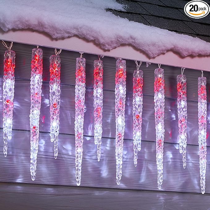 Minetom Icicle Lights Outdoor with Clips, 20ft 100 LED 20 Tubes Twinkling Crystal Icicle String Lights, Connectable Waterproof Hanging Christmas Decorations Plug in for Outdoor, Red and White