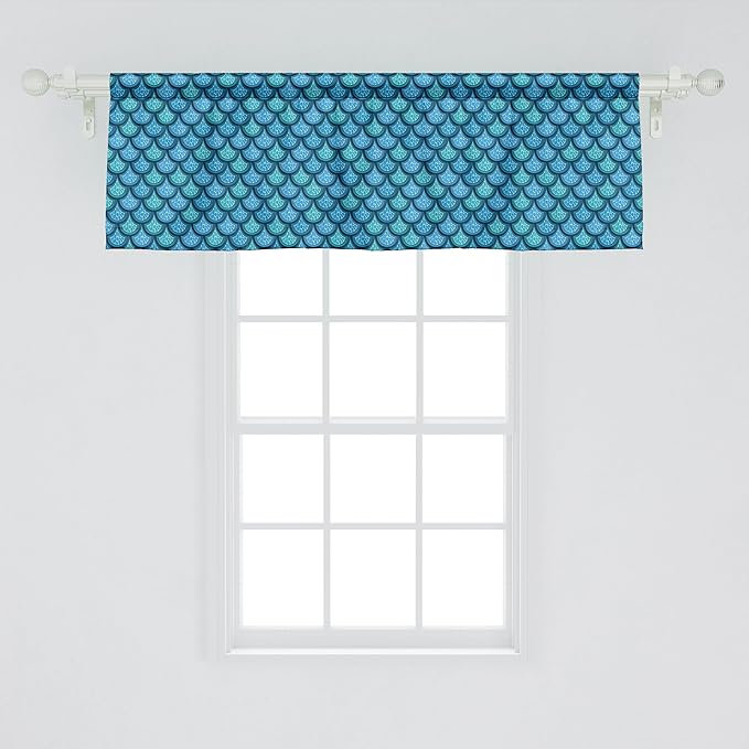 Ambesonne Fish Scale Window Valance, Nautical Design Realistic Graphic Water Drops on Half Circles Print, Curtain Valance for Kitchen Bedroom Decor with Rod Pocket, 54" X 18", Blue and Turquoise