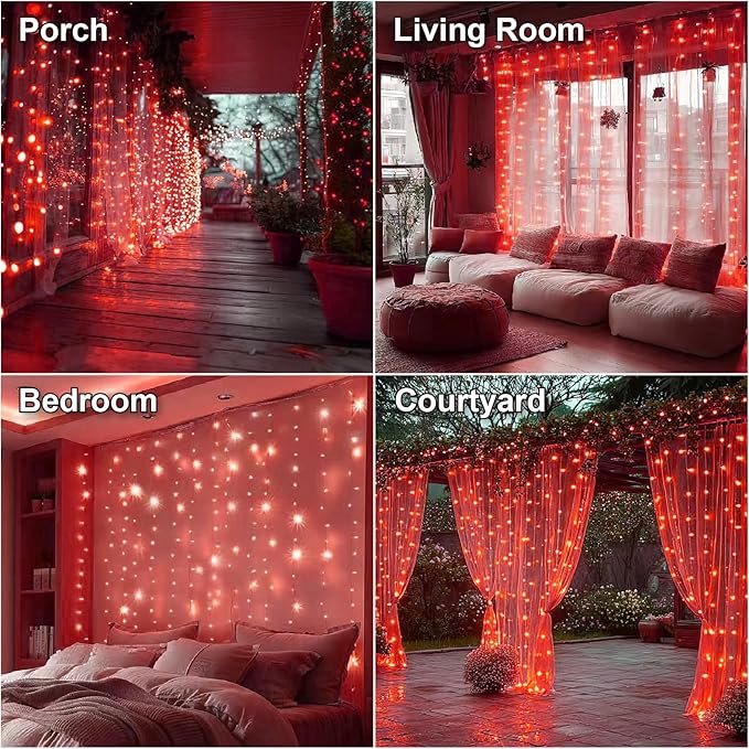 HXWEIYE 300LED Fairy Curtain Lights, 9.8x9.8Ft USB Plug-in 8 Modes Christmas String Hanging Lights with Remote for Bedroom Backdrop Wedding Party Indoor Wall Decor, Red, Standard