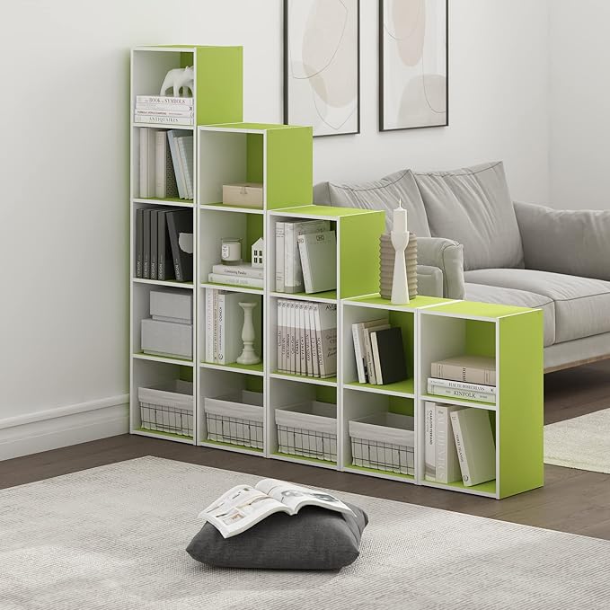 Furinno PASIR Book Shelf, 2-Tier Modern Bookshelf, Open Shelves Bookcase 9" x 12" x 21", for Living Room, Bedroom, Home Office, Green/White