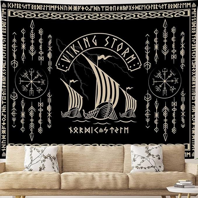 OSUNBD Viking Warship Tapestry Wall Hanging - Small 60x40inches Storm & Celtic Runes on Soft Flannel Aesthetic Mythology Tapestries Norse Mythology Art for Bedroom, Living Room Decor