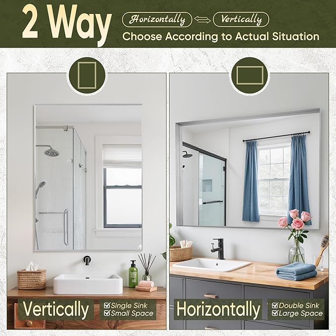 Suidia Bathroom Mirror, 24" x 36" Wall Mirror Metal Framed, Bathroom Vanity Mirror for Living Room Bedroom Bathroom Entryway, Silver, Rect Corner Style