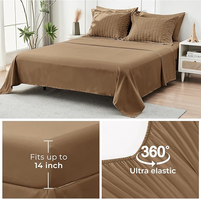 HYMOKEGE Brown Queen Comforter Set Seersucker 7 Pieces, All Season Luxury Bed in a Bag Queen for Bedroom, Bedding Set with Comforter, Sheets, Pillowcases & Shams