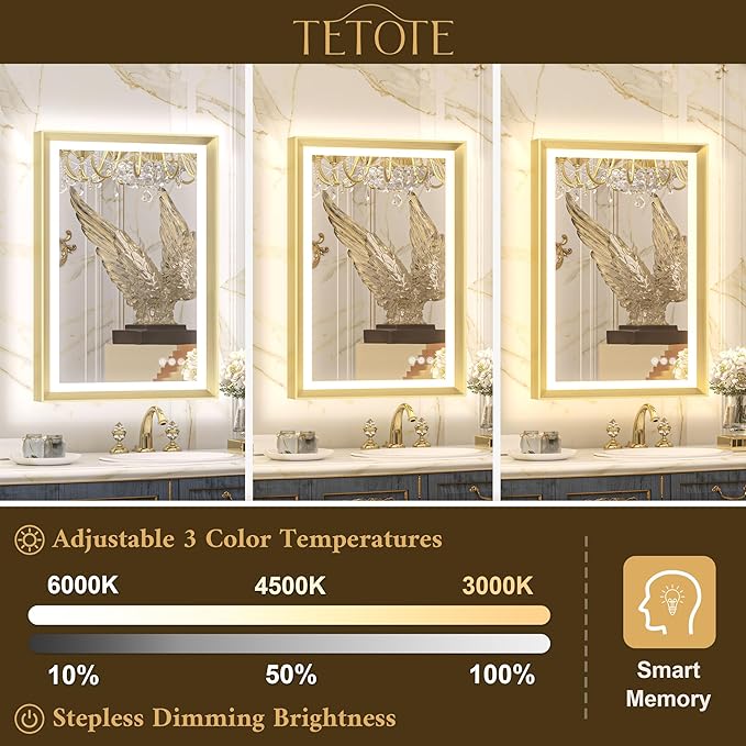 TETOTE Gold LED Bathroom Mirror with Lights 24x36 Frontlit & Backlit Vanity Framed Mirror Baroque Anti Fog Stepless Dimmable White/Warm/Natural,CRI90+,Waterproof,Wall Mounted(Horizontal/Vertical)
