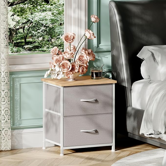 Somdot Nightstand with 2 Drawers, Bedside Table Small Dresser with Removable Fabric Bins for Bedroom Nursery Closet Living Room - Sturdy Steel Frame, Wood Top, Pull Handle - Ash Grey