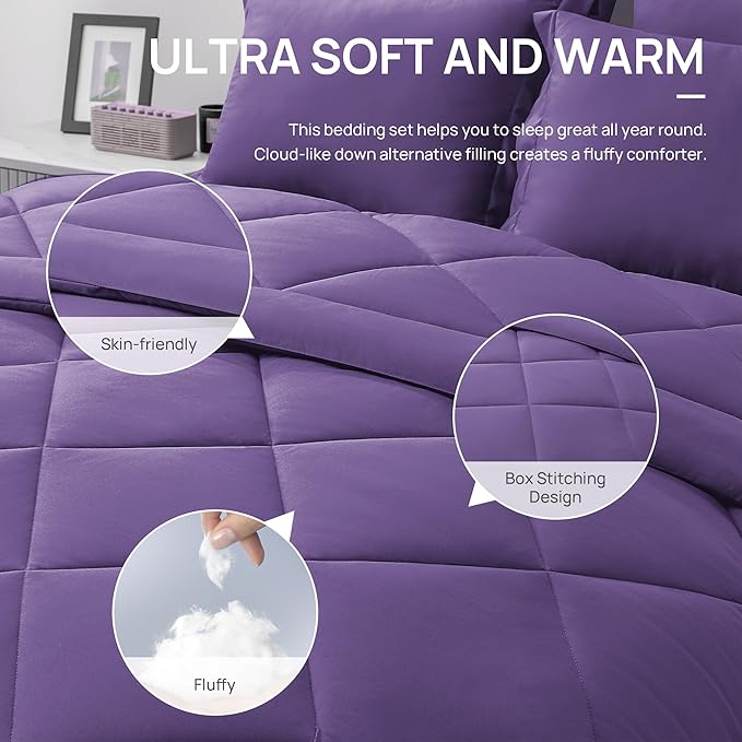 Love's cabin Twin Comforter Set Purple, 5 Pieces Twin Bed in a Bag, All Season Bedding Sets with 1 Comforter, 1 Flat Sheet, 1 Fitted Sheet, 1 Pillowcase and 1 Pillow Sham