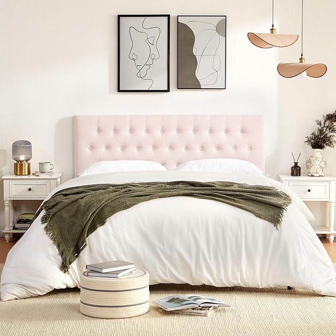 Tufted Upholstered Headboard King Size, Solid Wood Head Board with Durable Metal Legs, Adjustable Height Bed headboard from 37” to 51” Fabric Headboard in Modern Button Design, Pink