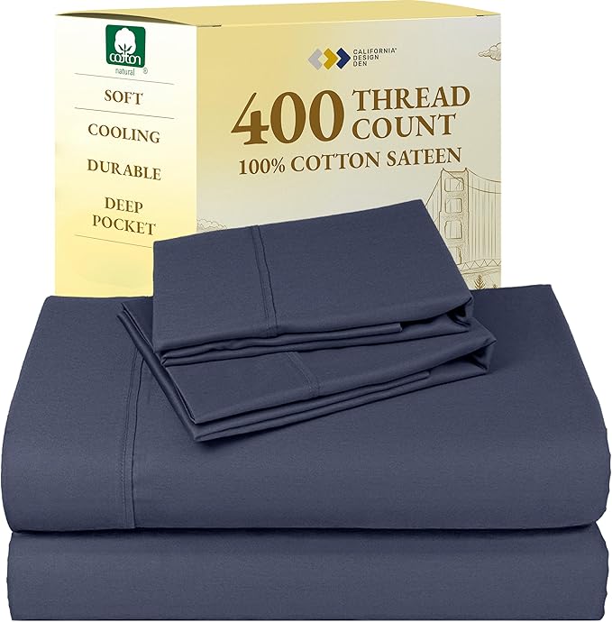 California Design Den Natural 100% Cotton Cooling Sheets for Queen Size Bed - Soft 400 Thread Count Sateen, Deep Pockets with All Around Elastic for a Snug Fit, Durable Bedding - Indigo Dusty Blue