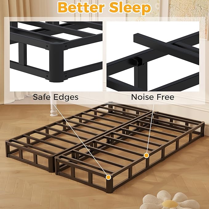 Split Queen Box Spring 5 Inch, Easy Assembly Bed Foundation, Heavy Duty Low Profile Metal Box Spring for Queen Bed with Fabric Cover, Noise Free