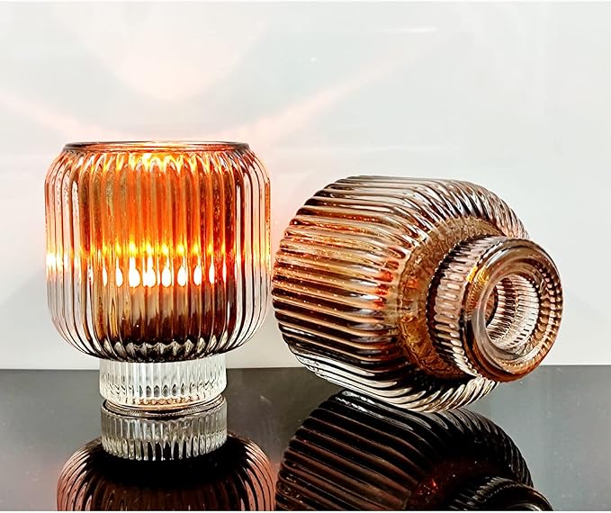 Woho Votive Candle Holders for Wedding Centerpieces, Tealight Candle Holder Set of 2, Glass Votive Candle Holder Bulk for Home Decor(Brown, 3.5'' Tall 3.1'' Diameter)