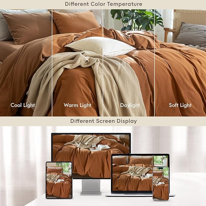 MooMee Bedding Duvet Cover Set 100% Washed Cotton Linen Like Textured Breathable Durable Soft Comfy (Solid Dark Orange, Alaska King 132"x120")