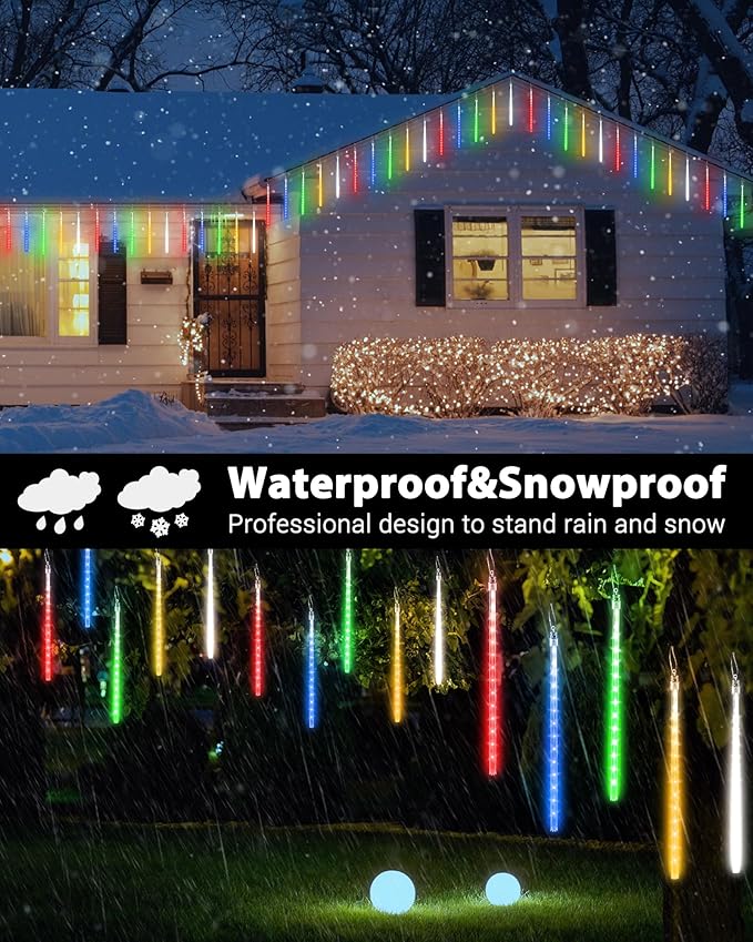 Joomer 2Pack Christmas Lights Outdoor, 11.8 inch 10 Tubes 240 LED Meteor Shower Lights, LED Falling Icicle Cascading Light with Timer Waterproof and Connectable for Christmas Decoration (Multicolor)