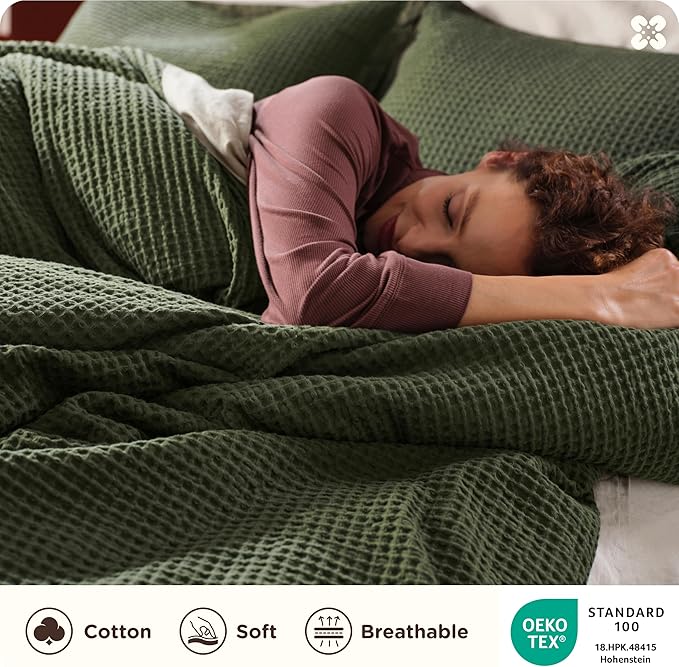 Bedsure Cotton Duvet Cover King - 100% Cotton Waffle Weave Olive Green Duvet Cover King Size, GentleSoft™ and Breathable Bedding Set for All Season, 3 Pieces, 104"x90"