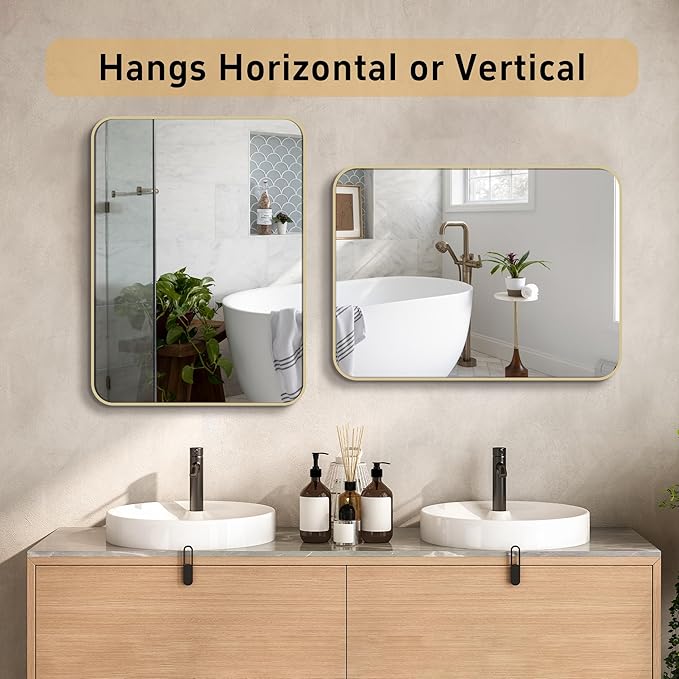 French Gold Mirror for Wall Decor, 30x36 Inch Brushed Brass Metal Framed Rectangle Wall Mirror for Bathroom Vanity, Living Room, Bedroom, Farmhouse, Hangs Vertically or Horizontally