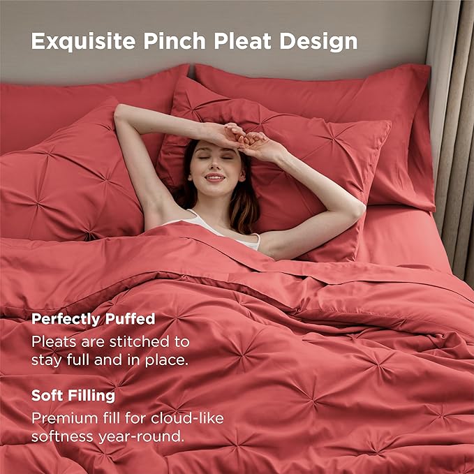 Bedsure California King Comforter Set - Bed in a Bag Cal King Bedding Set 7 PCS, GentleSoft™ Pintuck Bed Set Gift for Family, Pinch Pleat Coral Red Comforter with Sheets, Pillowcases & Shams