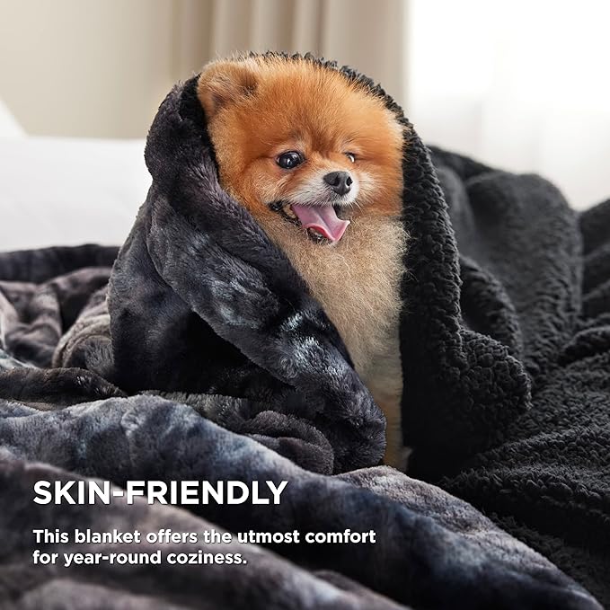 Bedsure GentleSoft Sherpa Fluffy Blanket Queen Size for Bed - Fleece Warm and Cozy for Women Gift, Plush & Fuzzy Faux Fur Christmas Blanket for Couch, Sofa Decor, Tie Dye Design, Black, 90x90 Inches