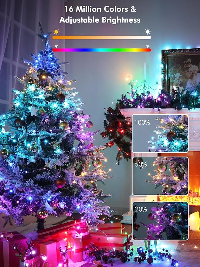 BrizLabs Smart Christmas Fairy Lights, 98ft 300 LED WiFi Christmas Fairy Lights Work with Alexa & Google Home, Rainbow Xmas Light Dimmable Xmas Decorative Lighting Music Sync for Home Holiday Party
