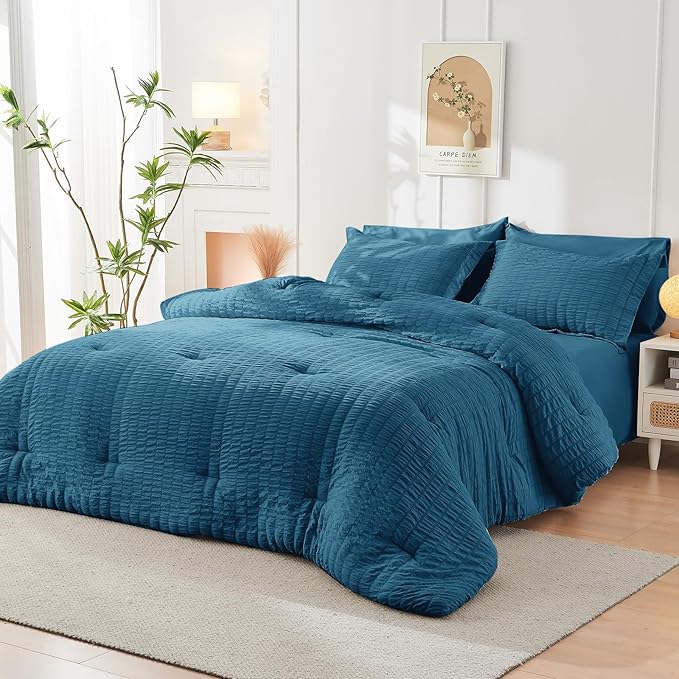 HYMOKEGE Teal California King Comforter Set Seersucker 7 Pieces, All Season Luxury Bed in a Bag for Bedroom, Bedding Set with Comforters, Sheets, Pillowcases & Shams