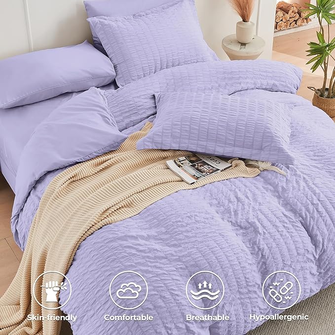HYMOKEGE Light Purple King Size Comforter Set Seersucker 7 Pieces, All Season Luxury Bed in a Bag for Bedroom, Bedding Set with Comforter, Sheets, Pillowcases & Shams
