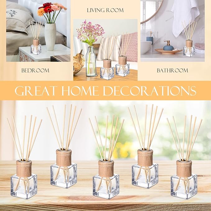 Roshtia 6 Set Reed Diffuser Bottle Empty Refillable Fragrance Glass Diffuser Bottles with Wooden Caps Rattan Sticks 50ml 1.7 oz Square Glass Jars for DIY Fragrance