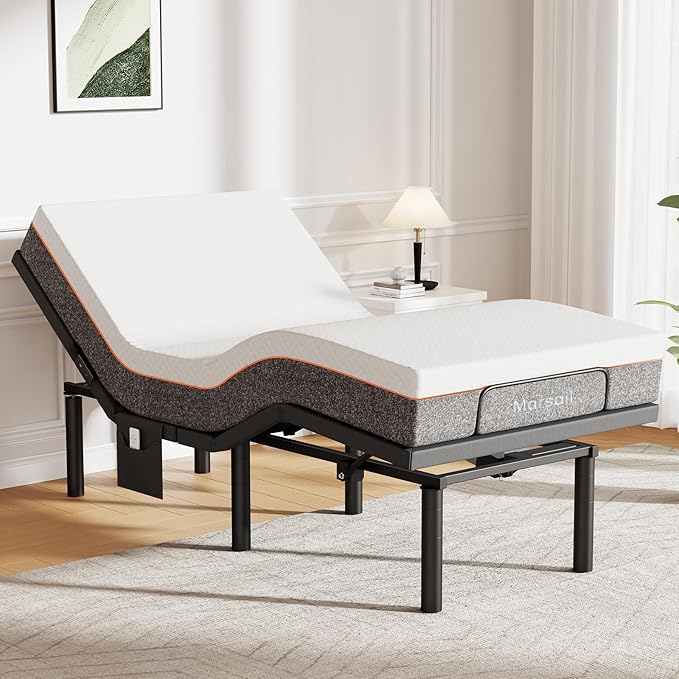 Marsail MS01 Full Adjustable Bed Frame + 10-inch Gel Memory Foam Mattress, Adjustable Bed Base with Under-Bed Nightlight, Wireless Remote Control Adjustable Bed with 4 Height Options, Full