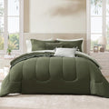 Monbix Queen Comforter Set - 7 Pieces Olive Green Bed in a Bag Queen Track Stitching Bedding Sets, All Seasons Down Alternative Comforter Bed Set with Sheets,Pillowcases & Shams