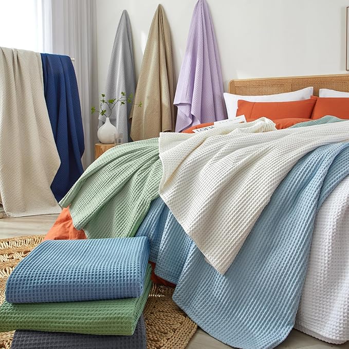 PHF 100% Cotton Waffle Weave Throw Blanket，Pre-Washed Snag Proof Lightweight Breathable Moisture-Wicking Layering in Cold Weather for Couch Bed,Machine Washable,Home Decor Gift-Navy Blue/Bright Blue