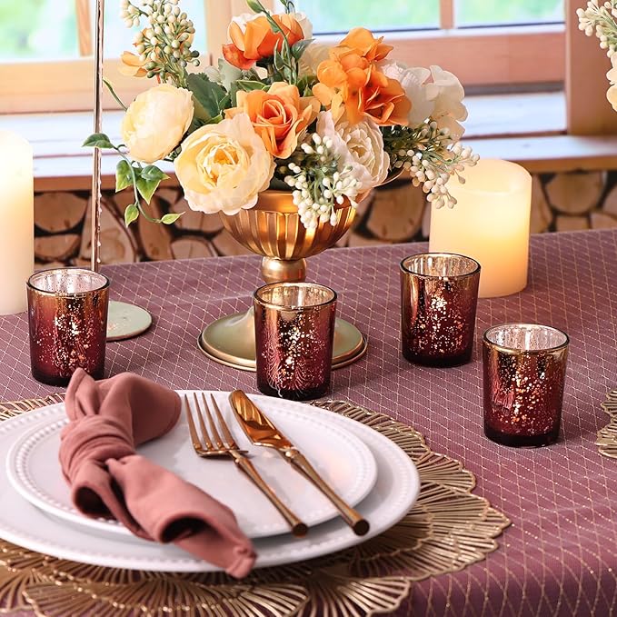 Volens Burgundy Votive Candle Holders Set of 12, Speckles Mercury Glass Tealight Candle Holder Bulk for Table Wedding Centerpiece, Burgundy and Gold Themed Party Decorative & Home Decor
