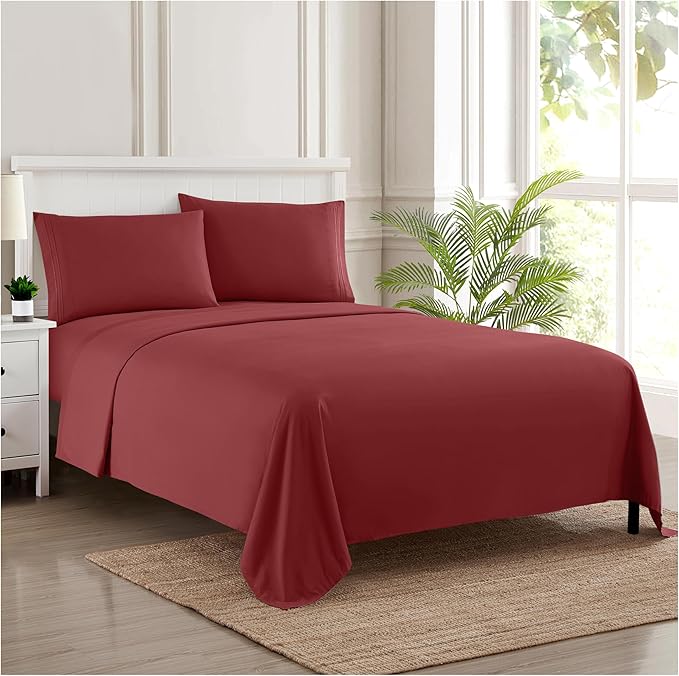 Split King Sheets - Breathable Luxury Sheets with Full Elastic & Secure Corner Straps Built In - 1800 Supreme Collection Extra Soft Deep Pocket Bedding Set, Sheet Set, Split King Size, Burgundy