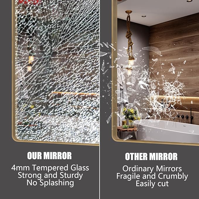 44x36 Gold Framed Mirror for Bathroom, Brushed Gold Brass Bathroom Mirror, Rectangle Gold Bathroom Vanity Mirror for Wall, Shatterproof, Anti-Rust, Hangs Horizontally or Vertically