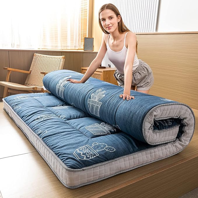 MAXYOYO Grey Cactus Pattern Twin Size Futon Mattress, Quilted Bed Mattress Topper, Extra Thick Folding Sleeping Pad, Breathable Floor Lounger, Guest Bed for Camping, Couch