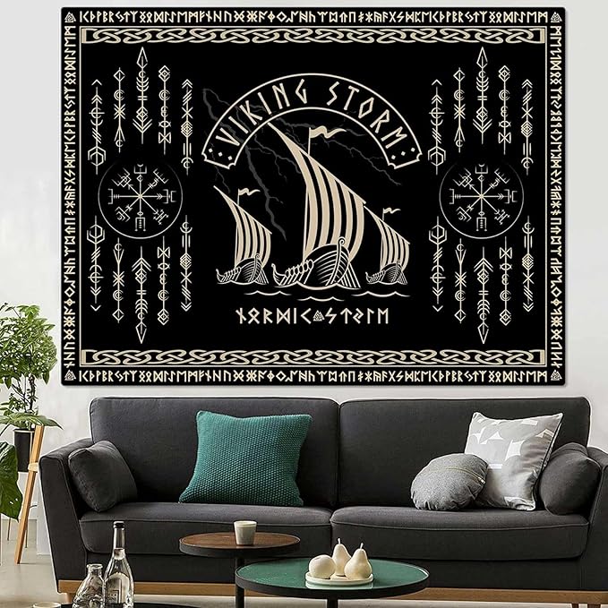 OSUNBD Viking Warship Tapestry Wall Hanging - Large 106x70 inches Storm & Celtic Runes on Soft Flannel Aesthetic Mythology Tapestries Norse Mythology Art for Bedroom, Living Room Decor