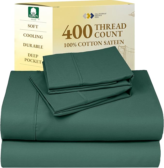 California Design Den Soft 400 Thread Count, Natural 100% Cotton Sheets Sateen, King Bed Sheets Set, Deep Pockets with All Around Elastic for a Snug Fit, Cool & Durable Bedding Set - Hunter Green
