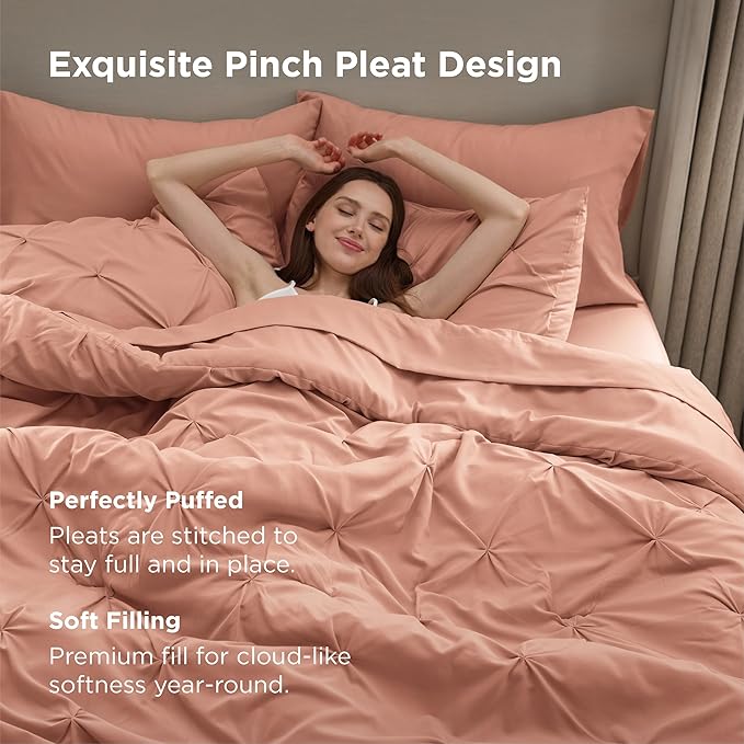 Bedsure California King Comforter Set Dusty Pink - Bed in a Bag California King 7 Pieces, GentleSoft™ Pintuck Bed Set Gift for Family, Pinch Pleat Dusty Pink Comforter with Sheets, Pillowcases & Shams